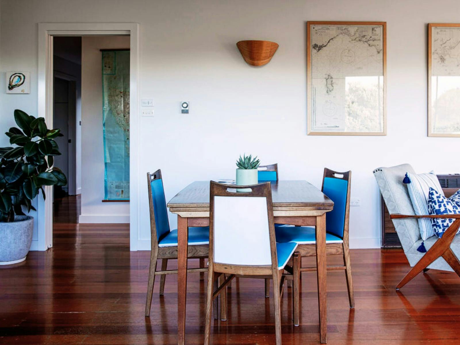 Dining room - Retro table and blue and white chairs, retro lounge chair