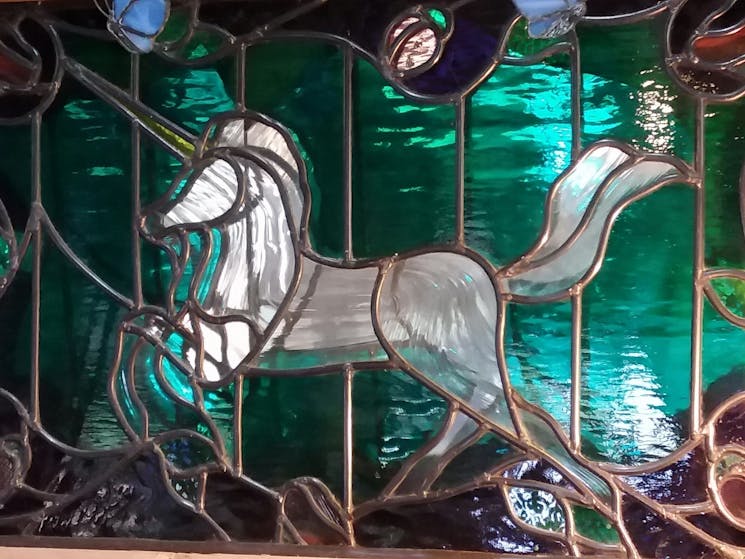 Mythical Unicorn  leadligjt glass by Lance Brown of Kangaroo Valley Leadlights