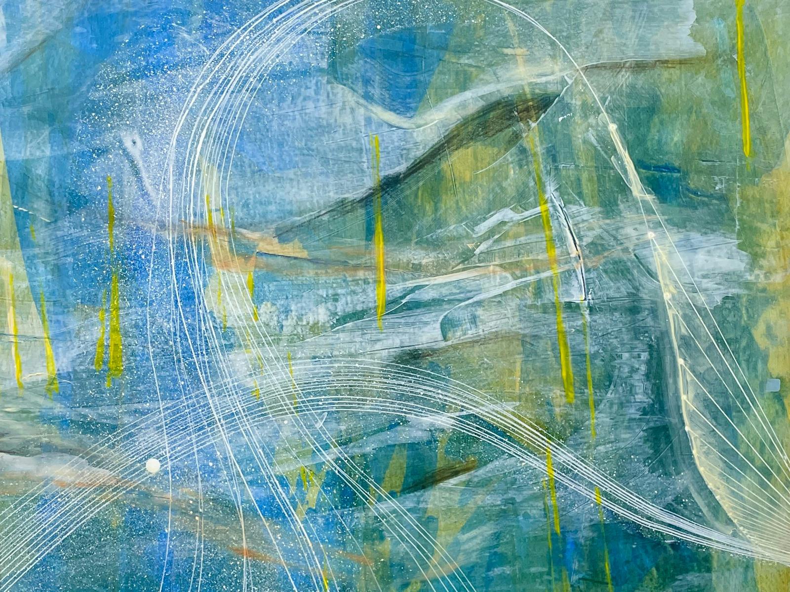 abstract painting on paper in blues and greens with white lines