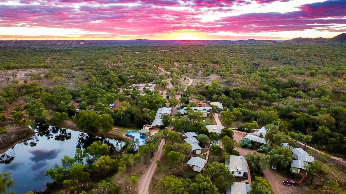 Aerial view of Cobbold Village at sunset