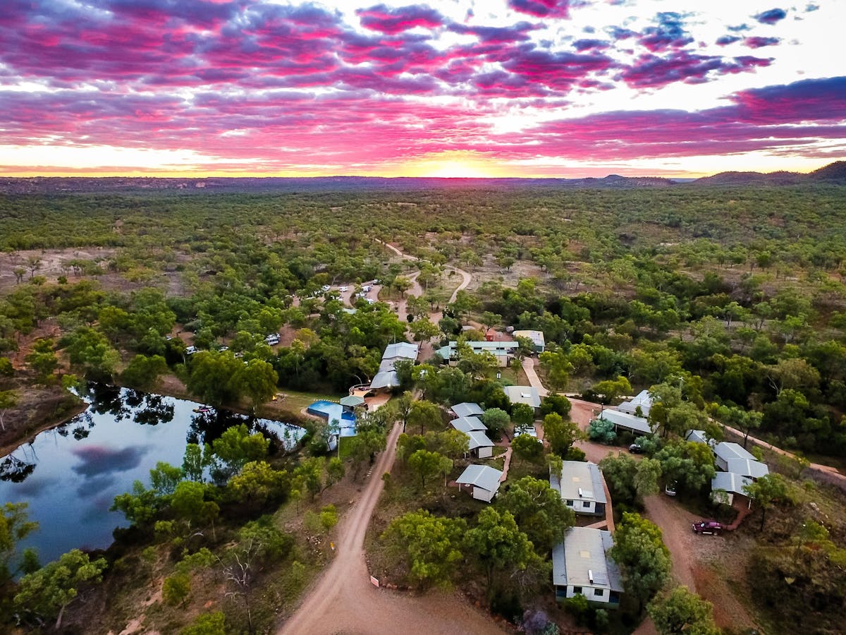 Aerial view of Cobbold Village at sunset