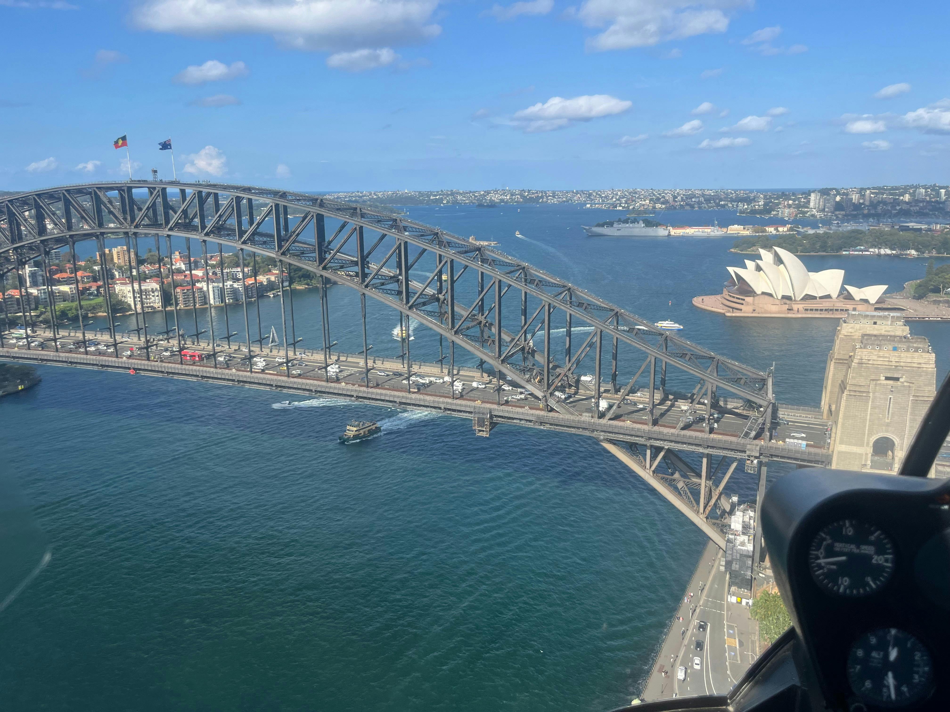 View of Sydney Harbour Bridge and Opera House from helicopter