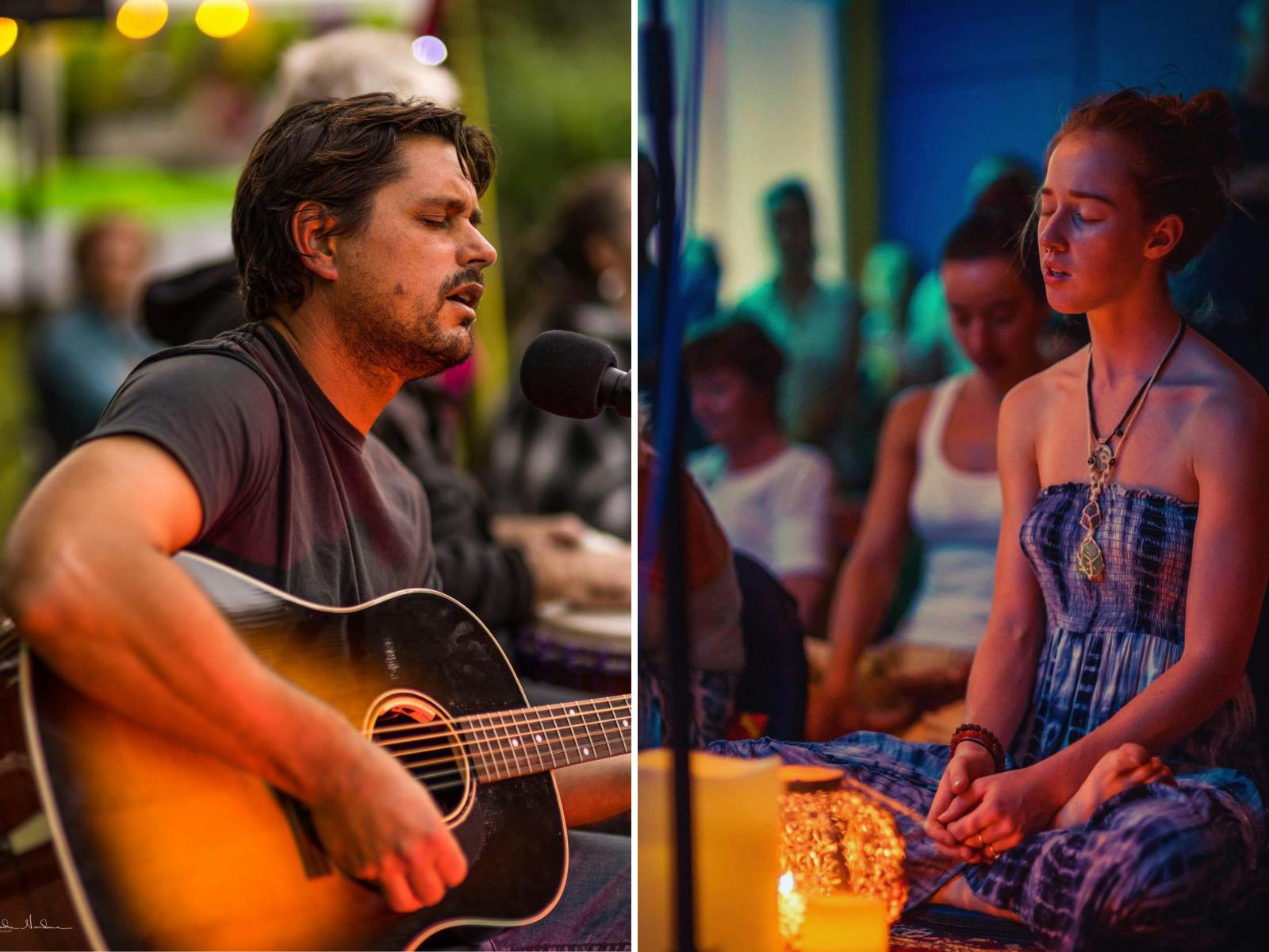 One man playing guitar with eyes closed, a woman meditating