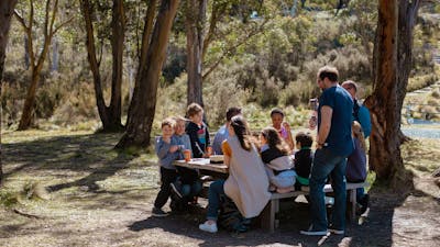 Three families enjoying lunch around a picnic table amongst gum trees.