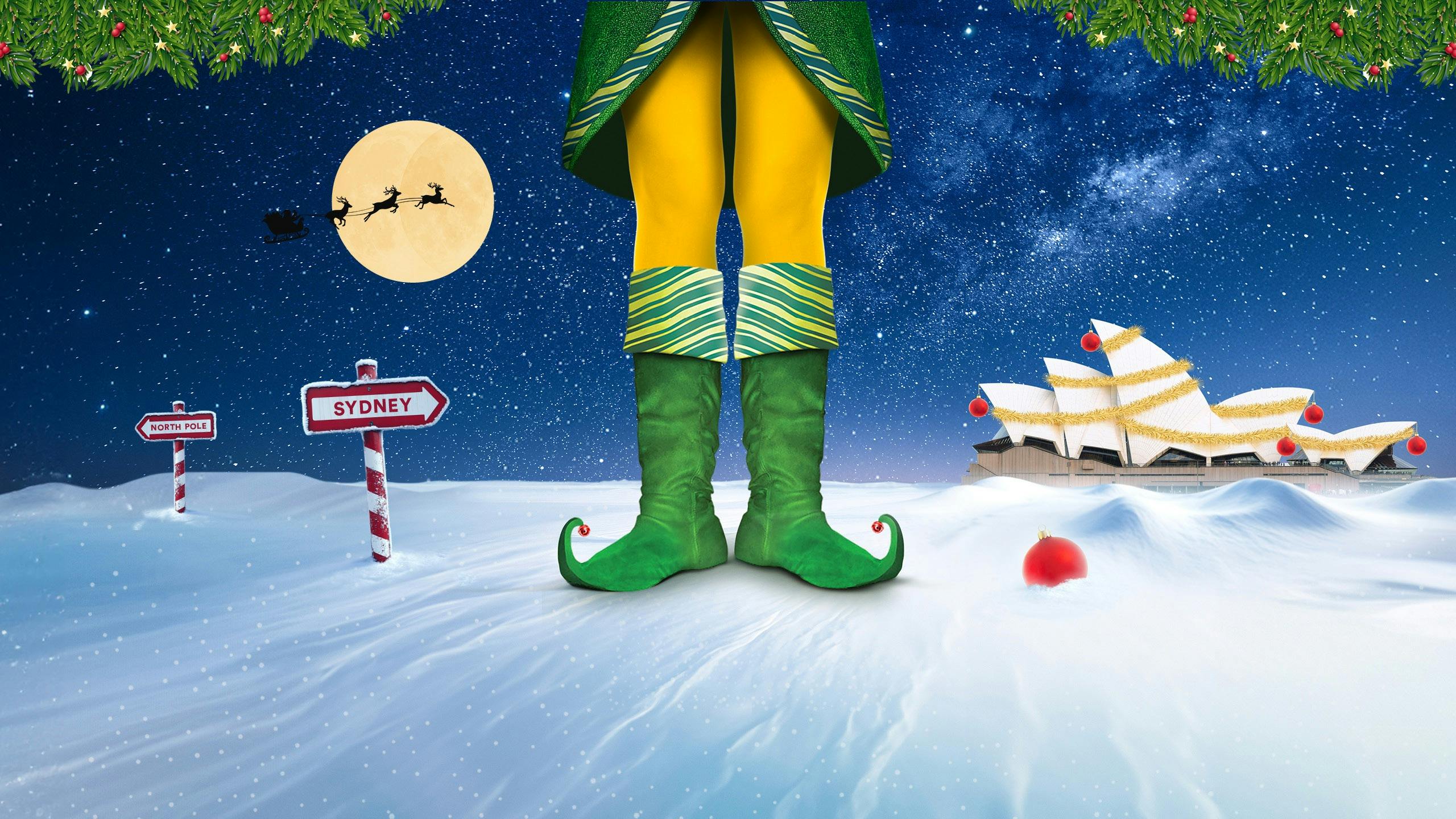 A Christmas scene with the legs of Buddy the Elf, wearing yellow tights and green boots.