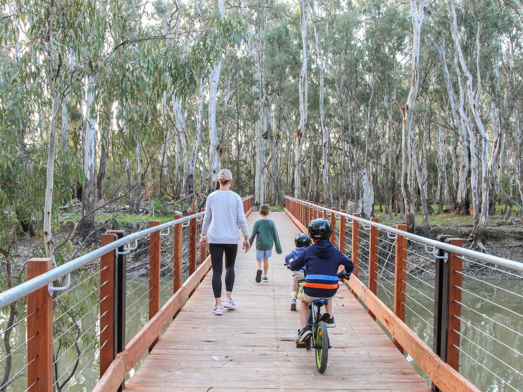 Mum and three young boys crossing the Gunbower creek on the footbridge