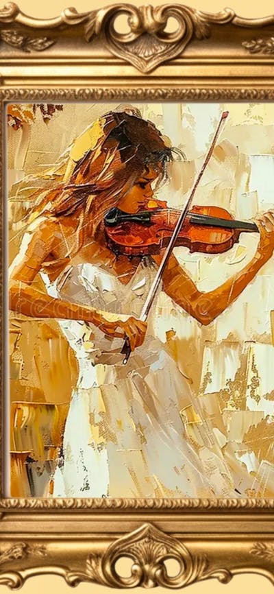 Impressionistic oil painting of a woman in a white dress playing the violin, set in an elaborate gol