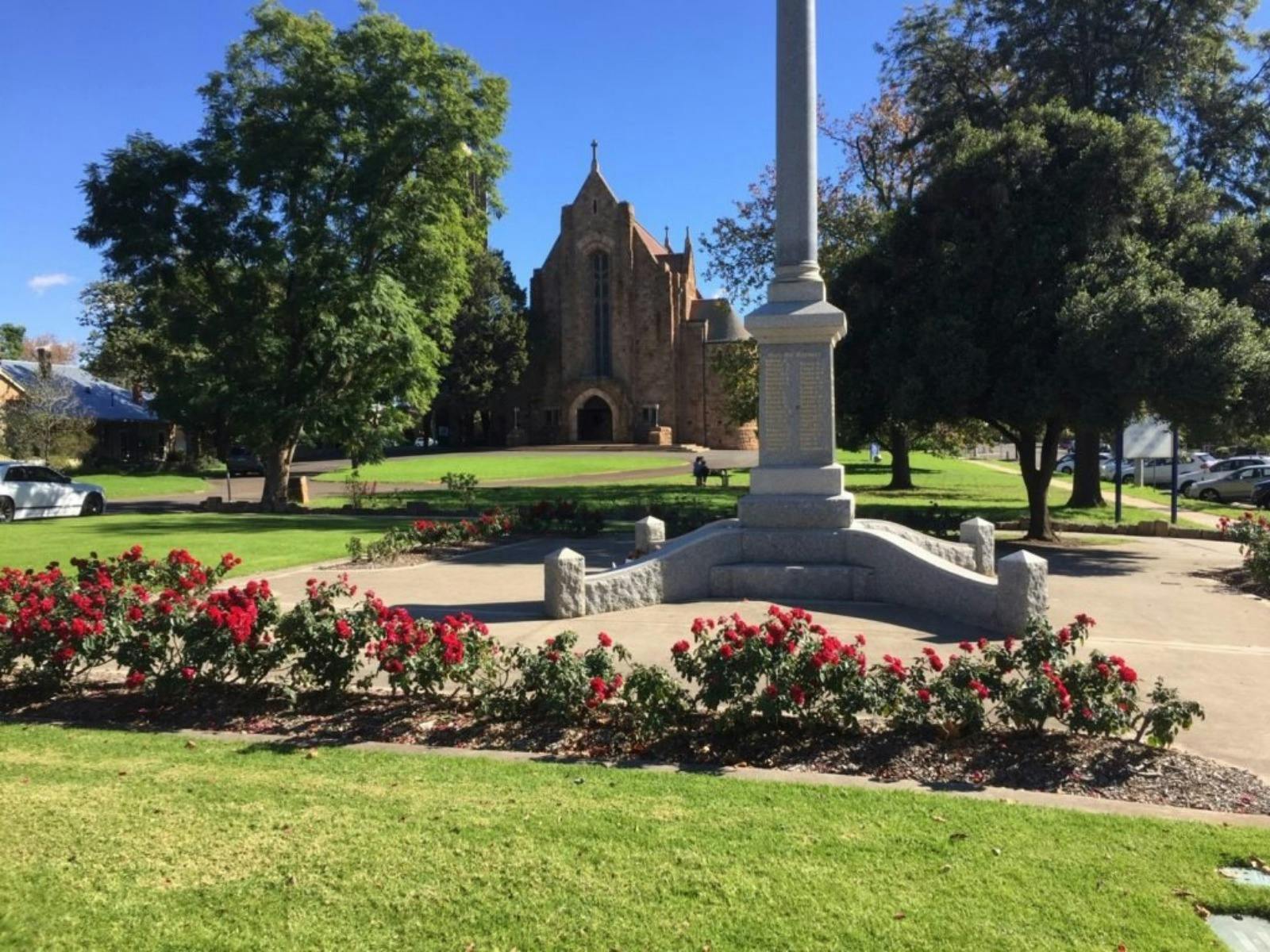 Memorial garden roses, cenotaph, church, trees, sunny sky, parked cars.