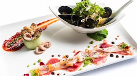 Seafood Compilation - swordfish and tuna sashimi, mussles in coconut laksa, baby octopus