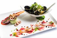 Seafood Compilation - swordfish and tuna sashimi, mussles in coconut laksa, baby octopus