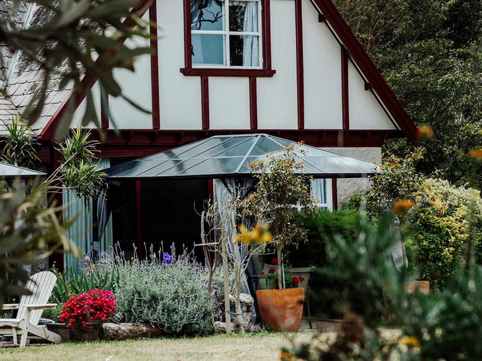 Front of beach cottage and its gazebo