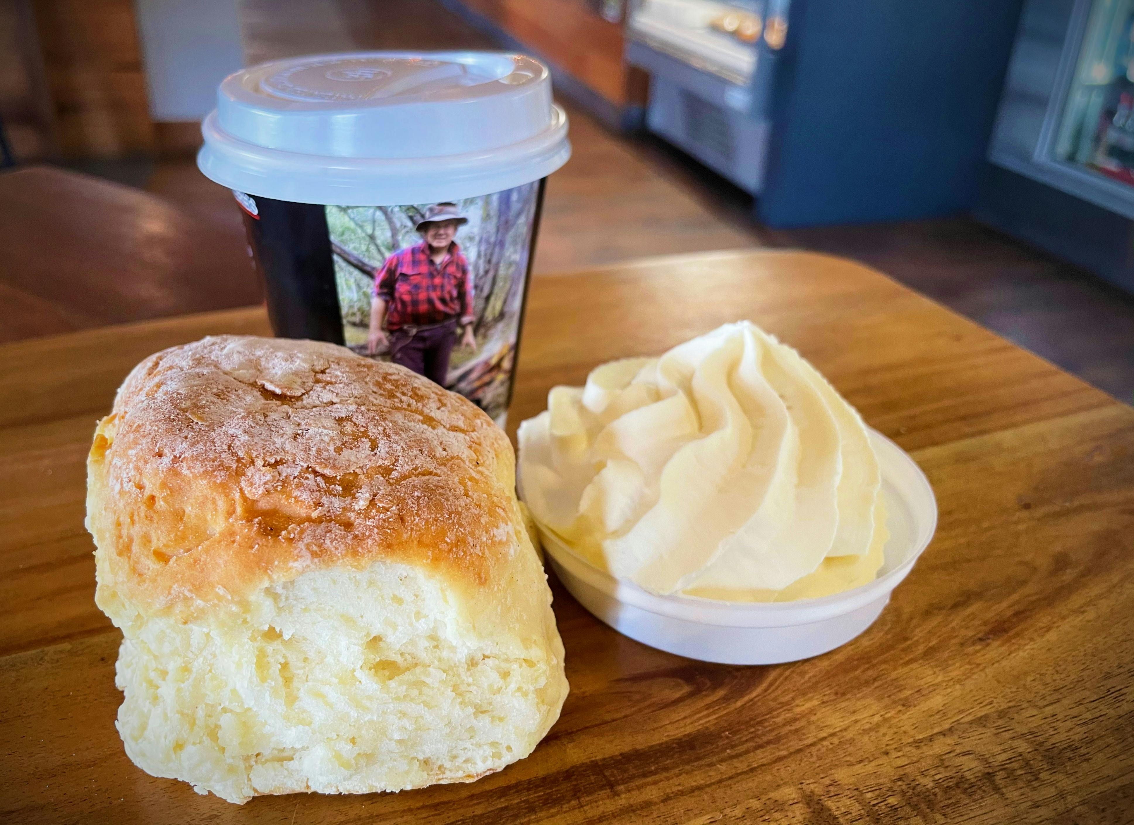 Trappers Bakery Scones with cream and coffee