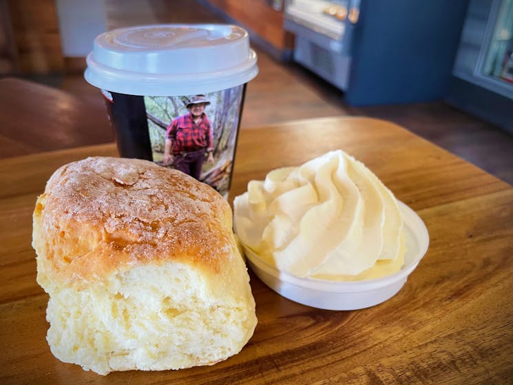 Trappers Bakery Scones with cream and coffee