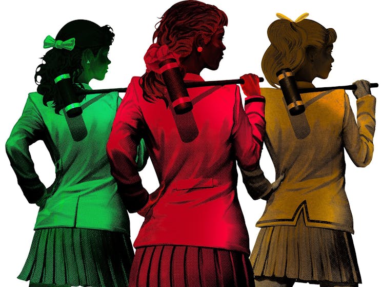 3 Heathers girls in uniform with Croquets over their shoulder in triadic colours