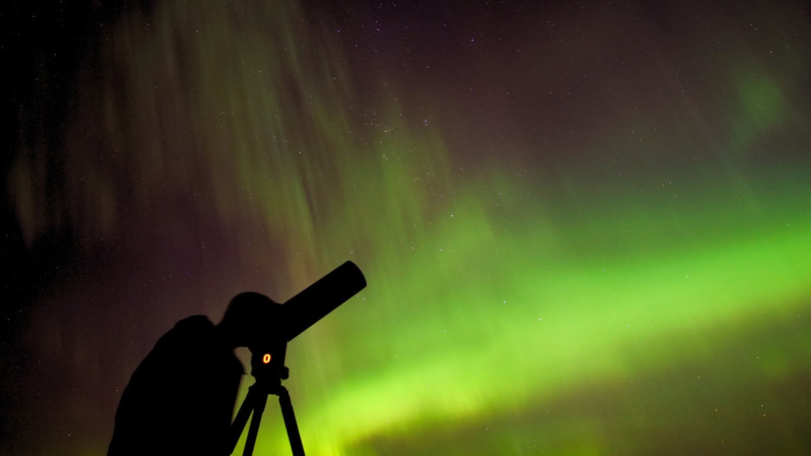 Guest looking through a telescope as the aurora glows across Tasmania’s night sky.