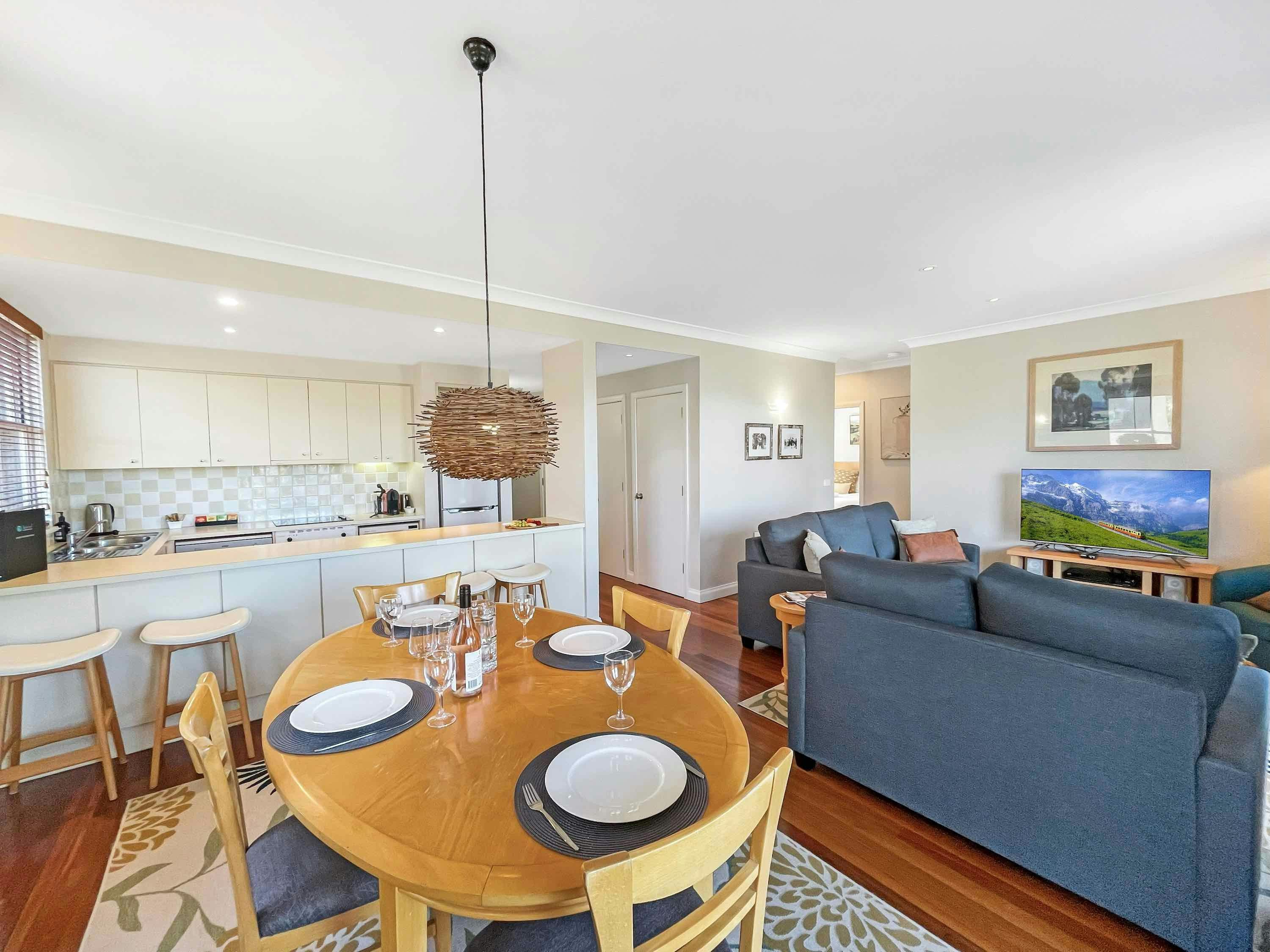 Dining, kitchen and living