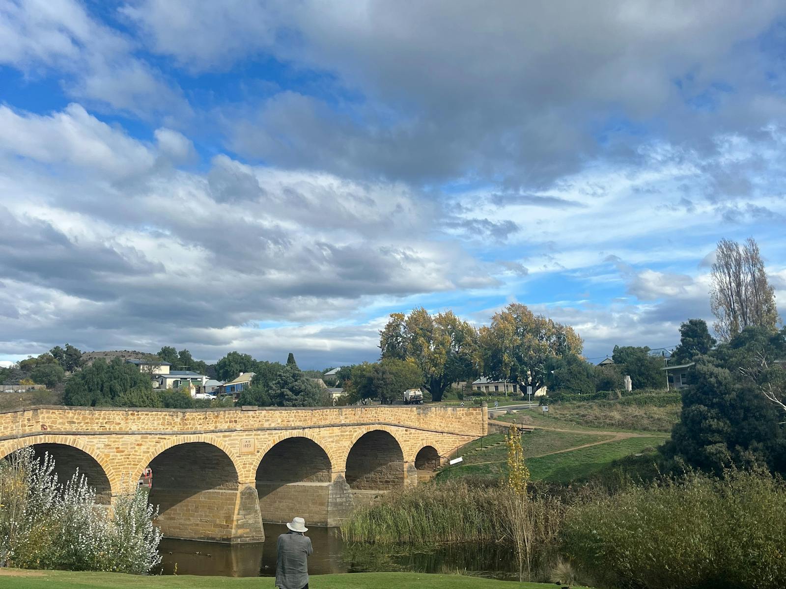 A photo of the Richmond Bridge, ducks on the grass by the river