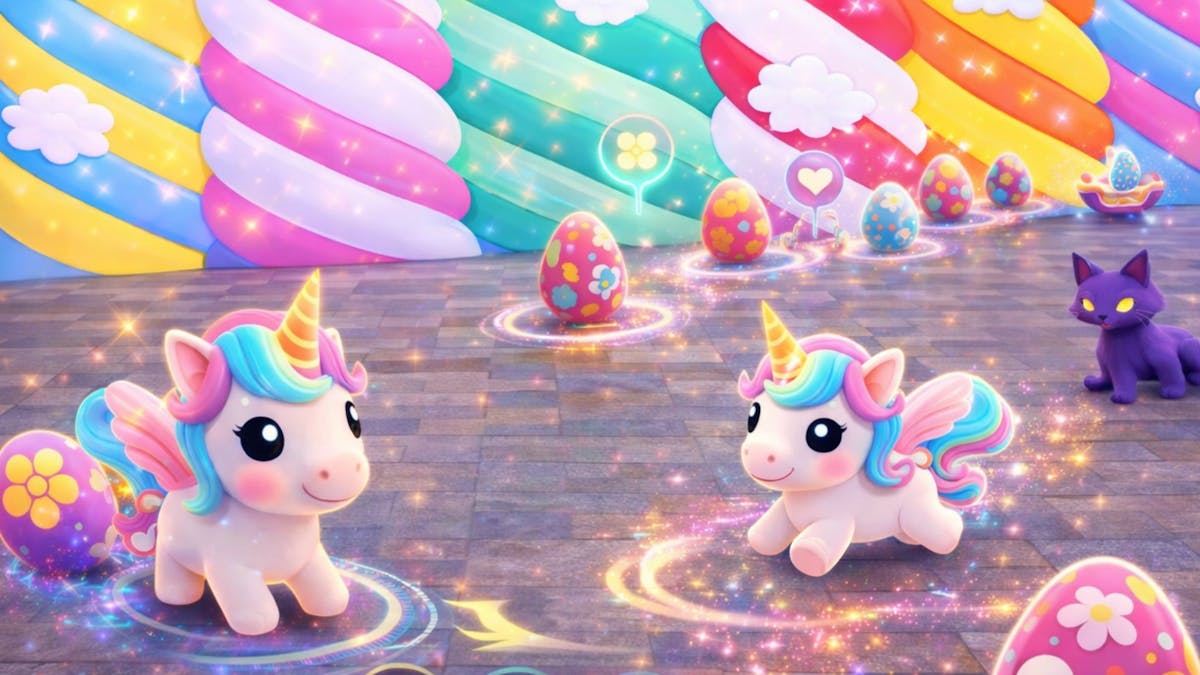 Two AR unicorns lead a trail of glowing eggs across a candy-striped game space. Two AR unicorns lead a trail of glowing eggs across a candy-striped game space.