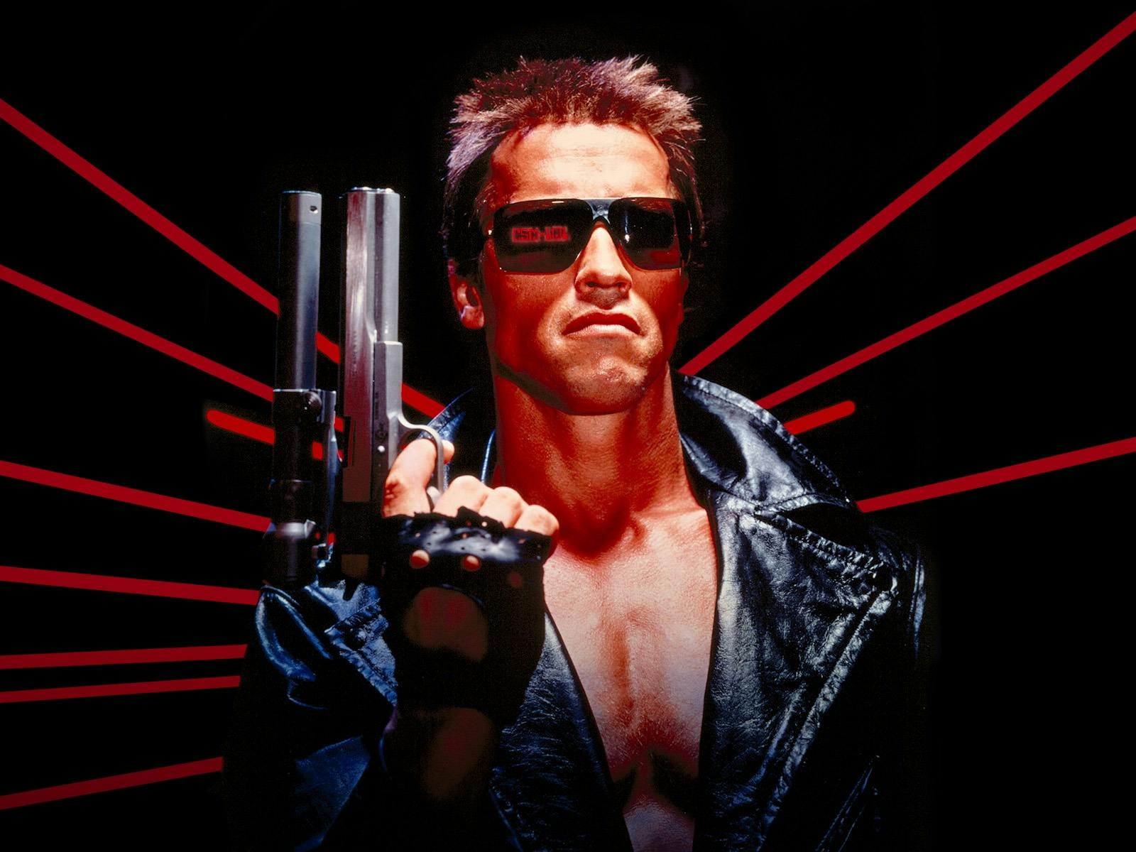 The Terminator behind a back and red background holding a pistol towards the sky