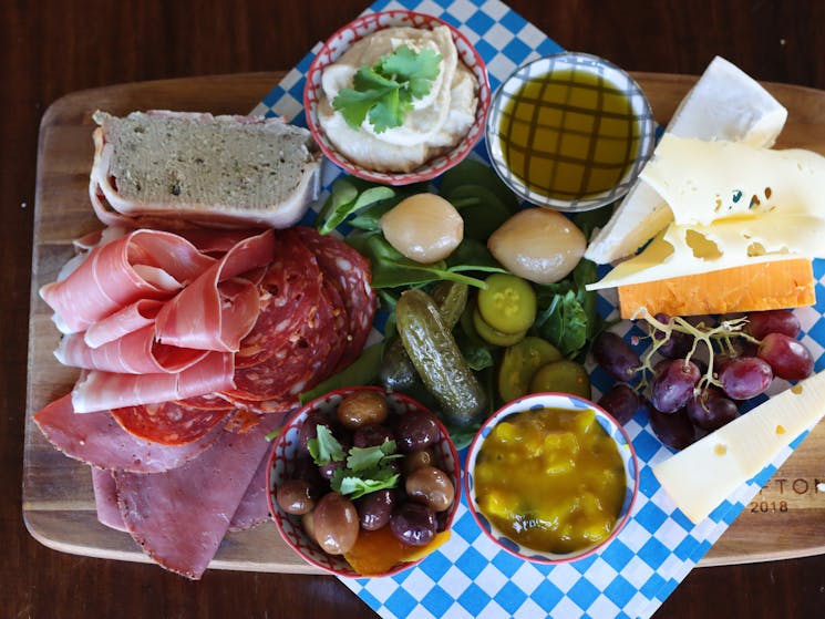 Antipasto Platter with local ingredients, - Rylstone Olive Oil, a selection of hard and soft cheeses