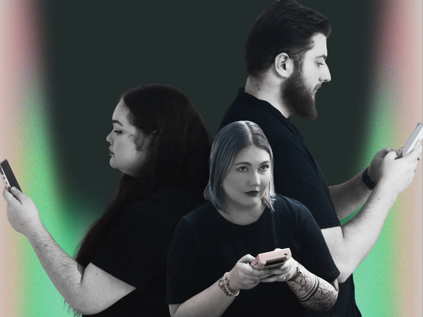 A couple stand back to back, looking at their mobile phones. Between them is a girl playing a game.