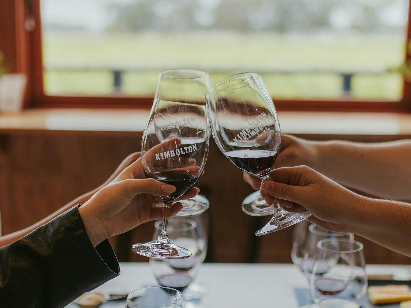 arms and hands of 4 people clinking glasses of red wine together