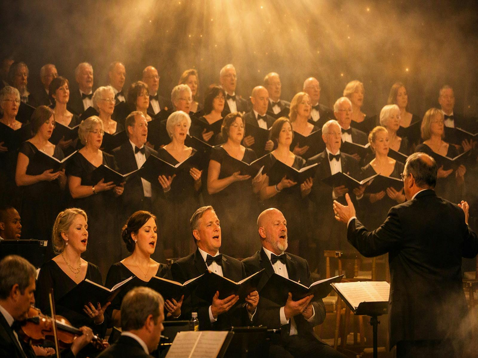 “Queensland Choir singing Handel’s Messiah in Brisbane City Hall, softly illuminated by golden light