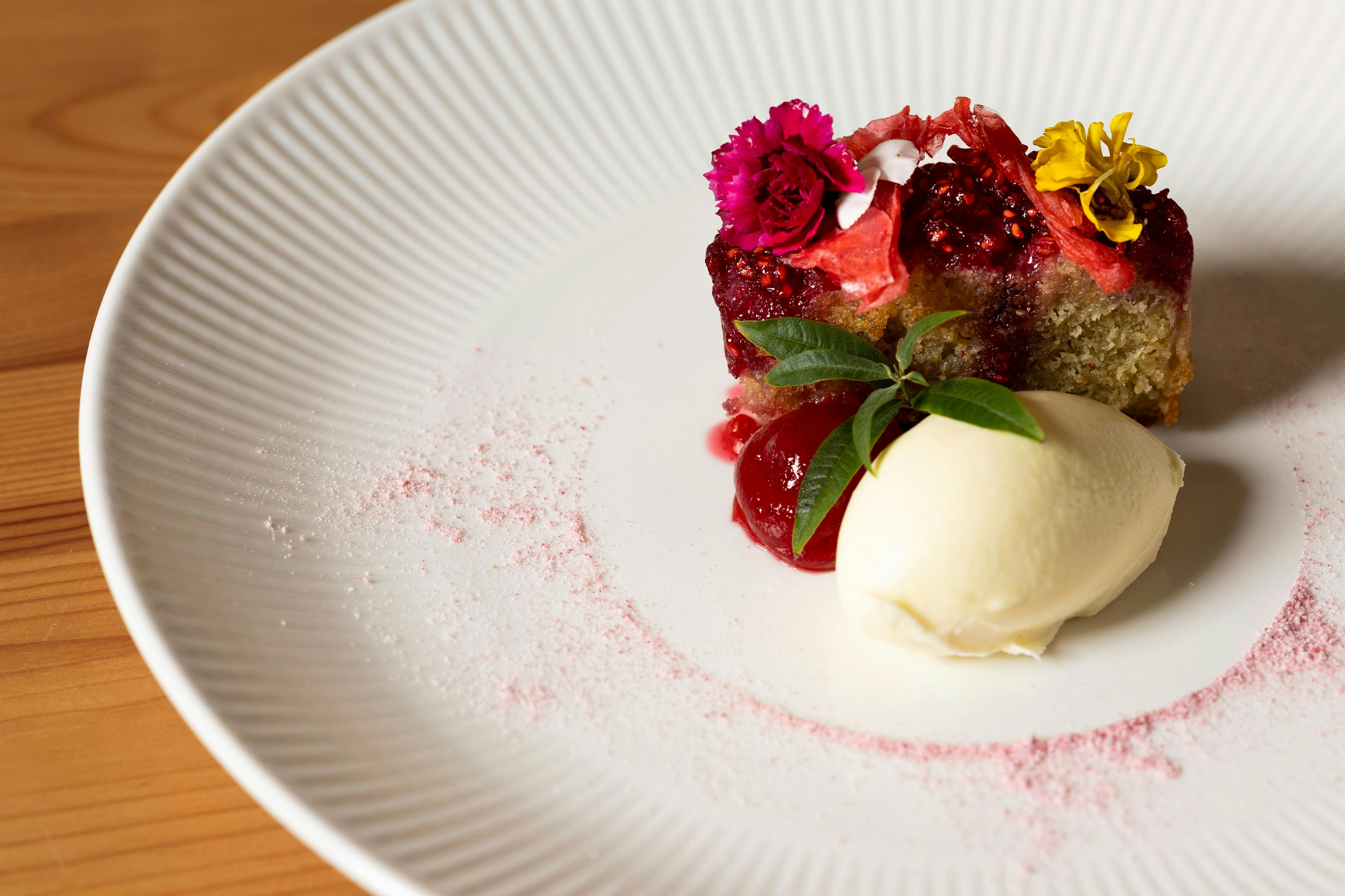 Raspberry Coconut Pudding (GF) Lemon verbena semifreddo and candied ginger