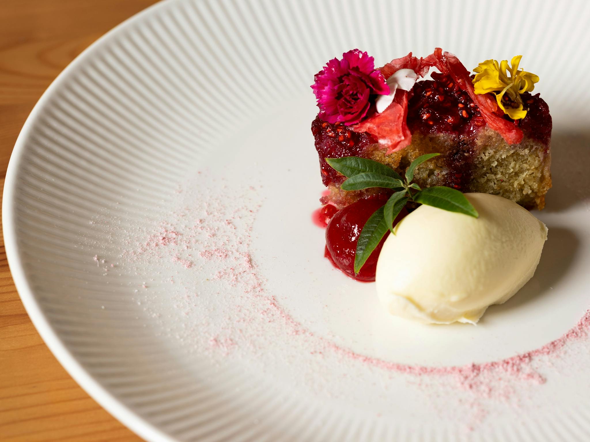 Raspberry Coconut Pudding (GF) Lemon verbena semifreddo and candied ginger