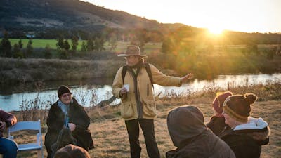 Tim the Yowie Man explaining something at Lanyon Homestead