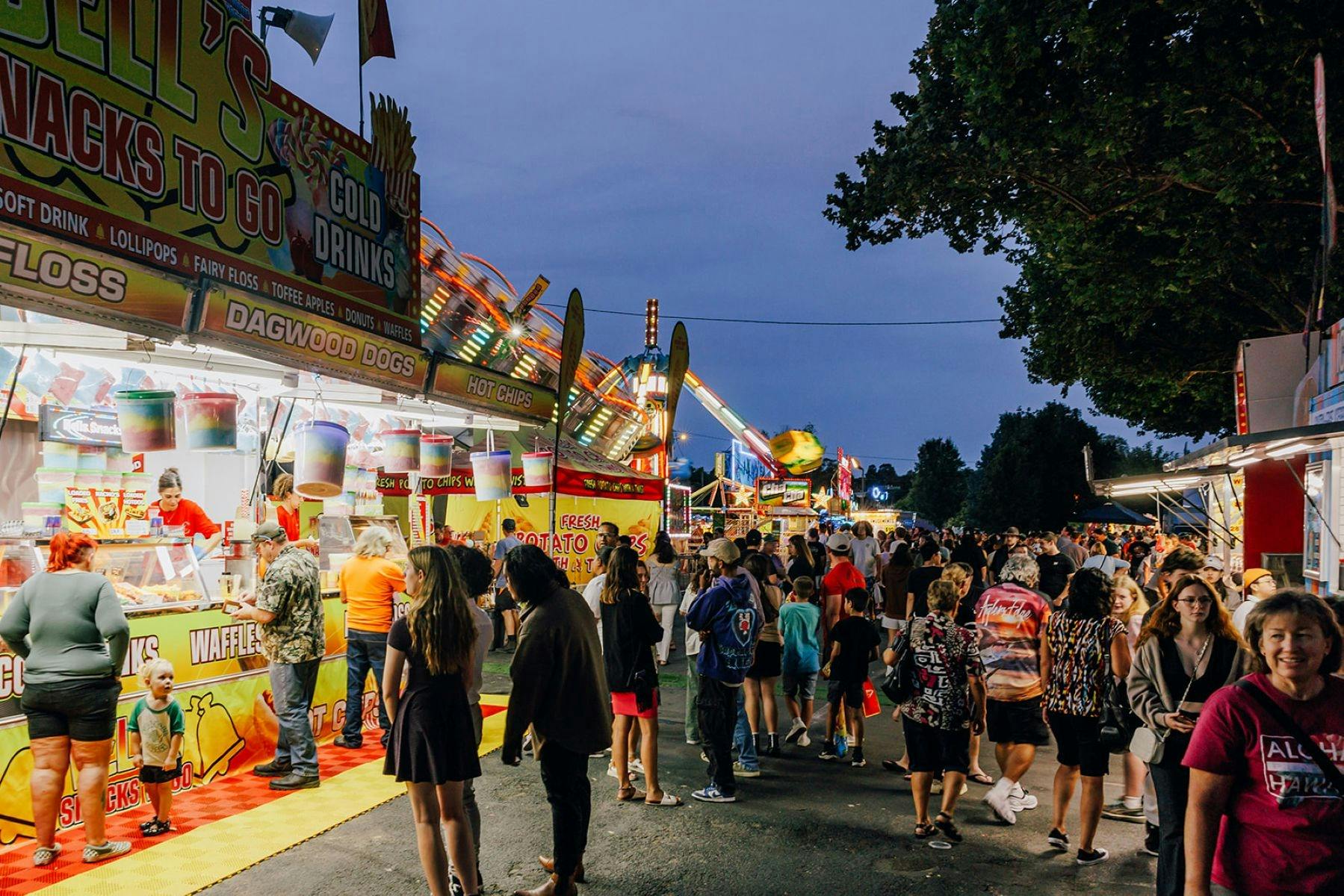 Anderson Park at night with fun lights and colours from the stalls and amusement rides.