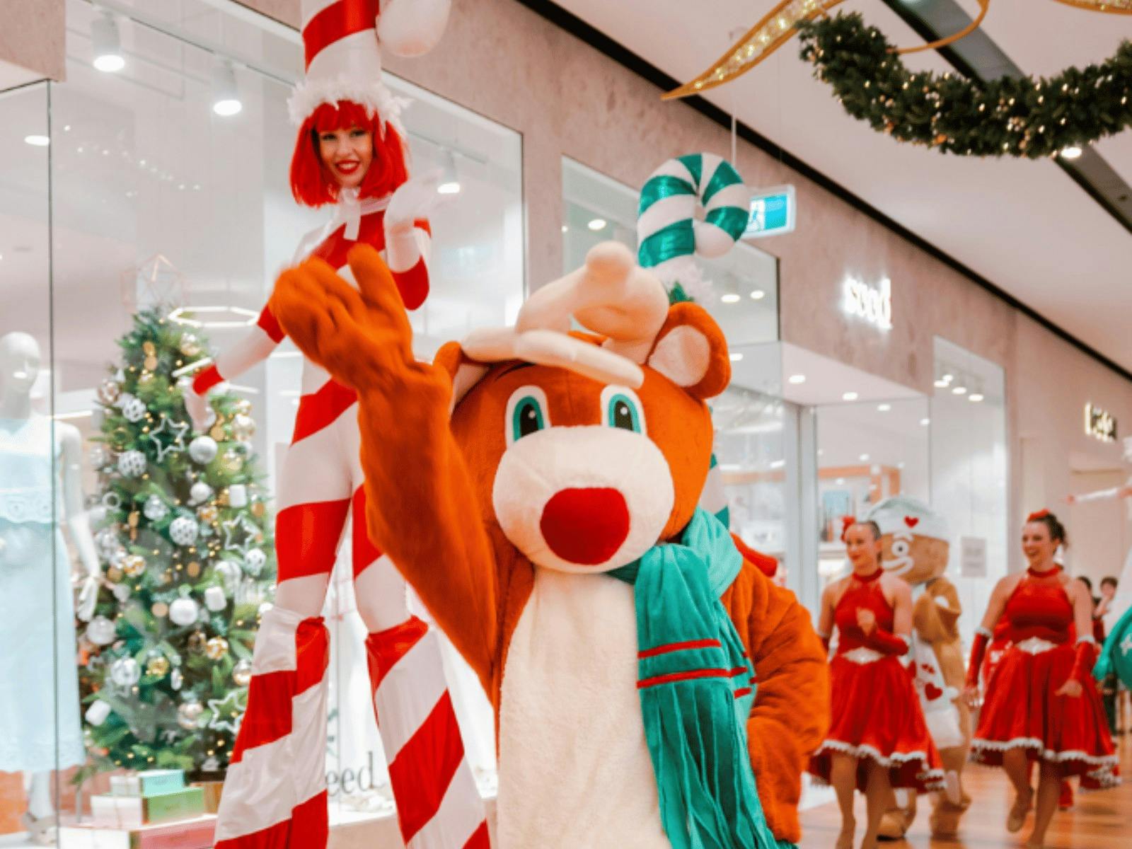 Reindeer and candy cane stilt walker waving through the Sunshine Plaza centre for Christmas parade