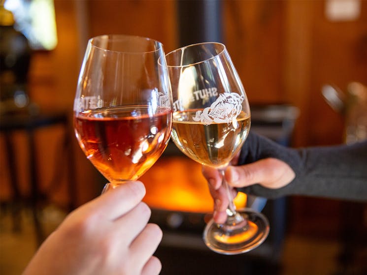 two glasses of wine cheers in front of fire place