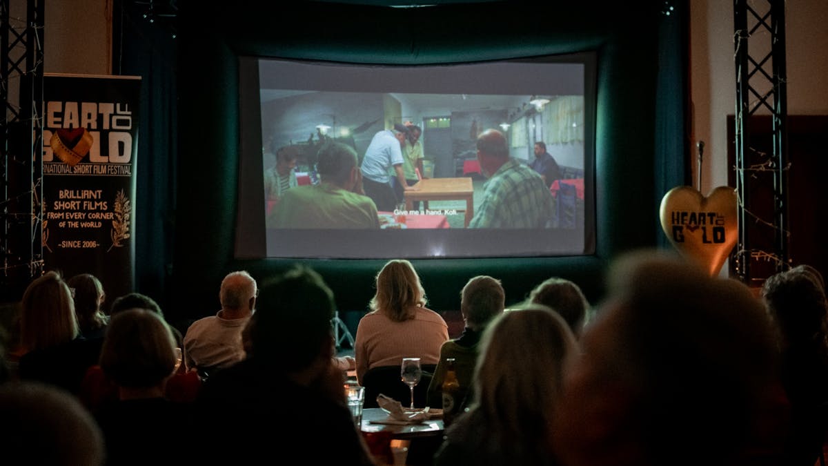 Darkened cinema with film showing and siloettes of audience