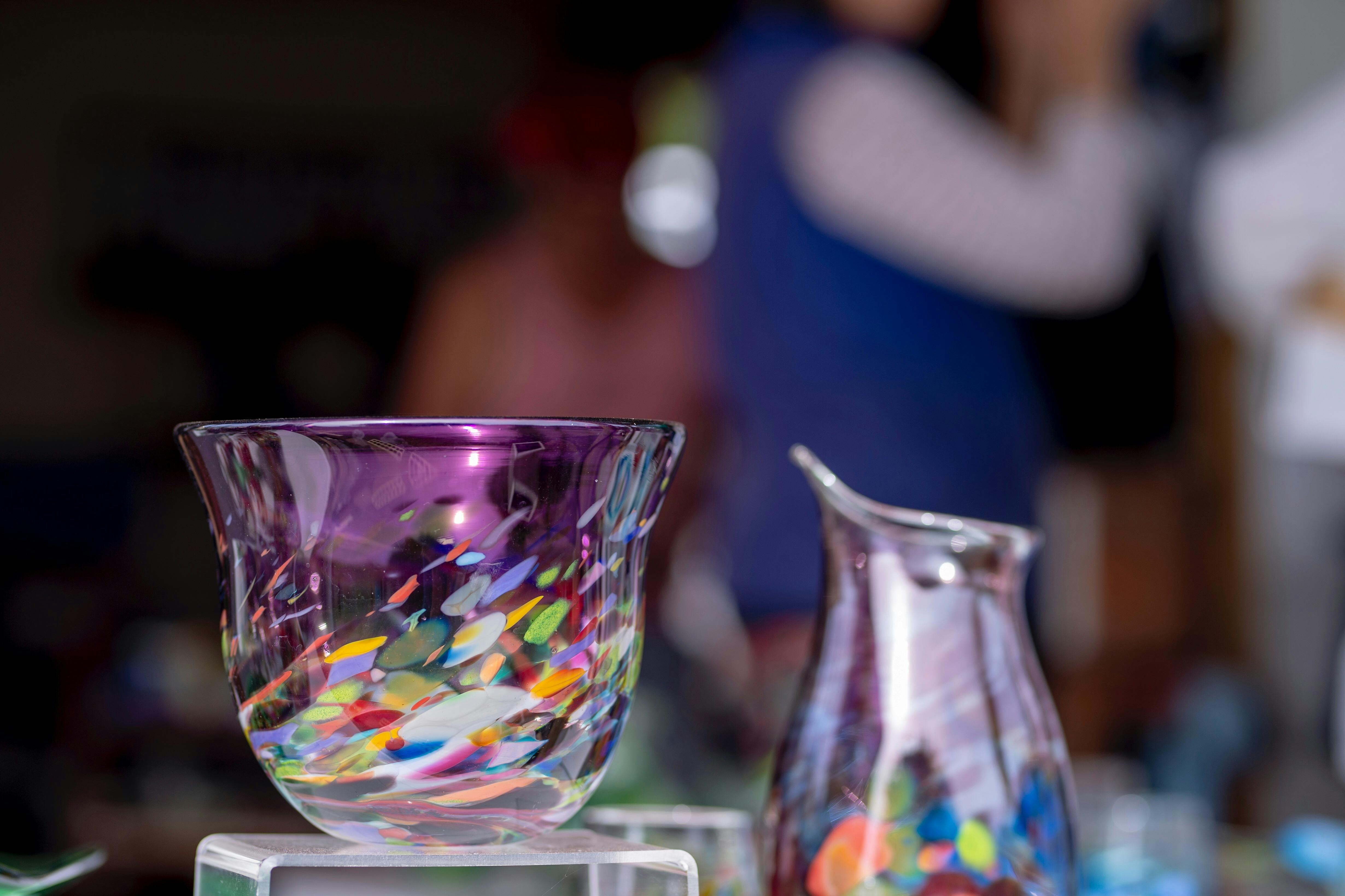 You can see stunning art glass tableware, handcrafted by Gerry Reilly being made at the furnace.