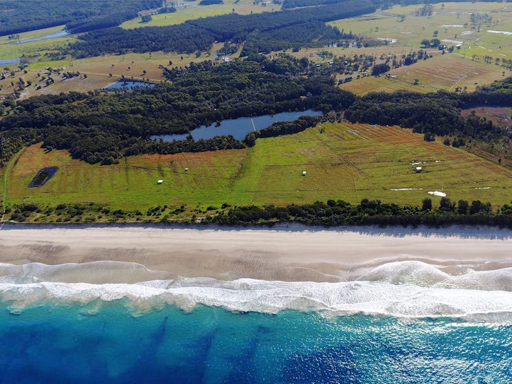 Melaleuca Seaside Retreat - Aerial view of the retreat, Tasman Sea and the forest.