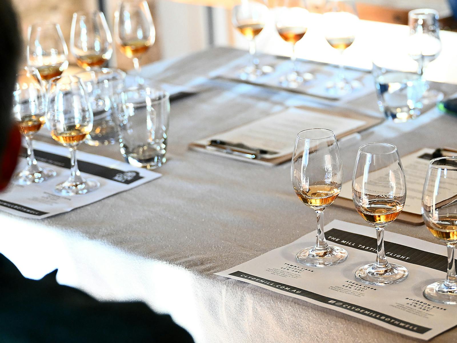 Whisky tasting flight with glasses on tasting mats.
