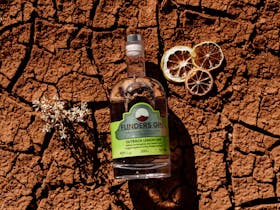 Bottle of Outback Lemon Lime Gin on cracked earth