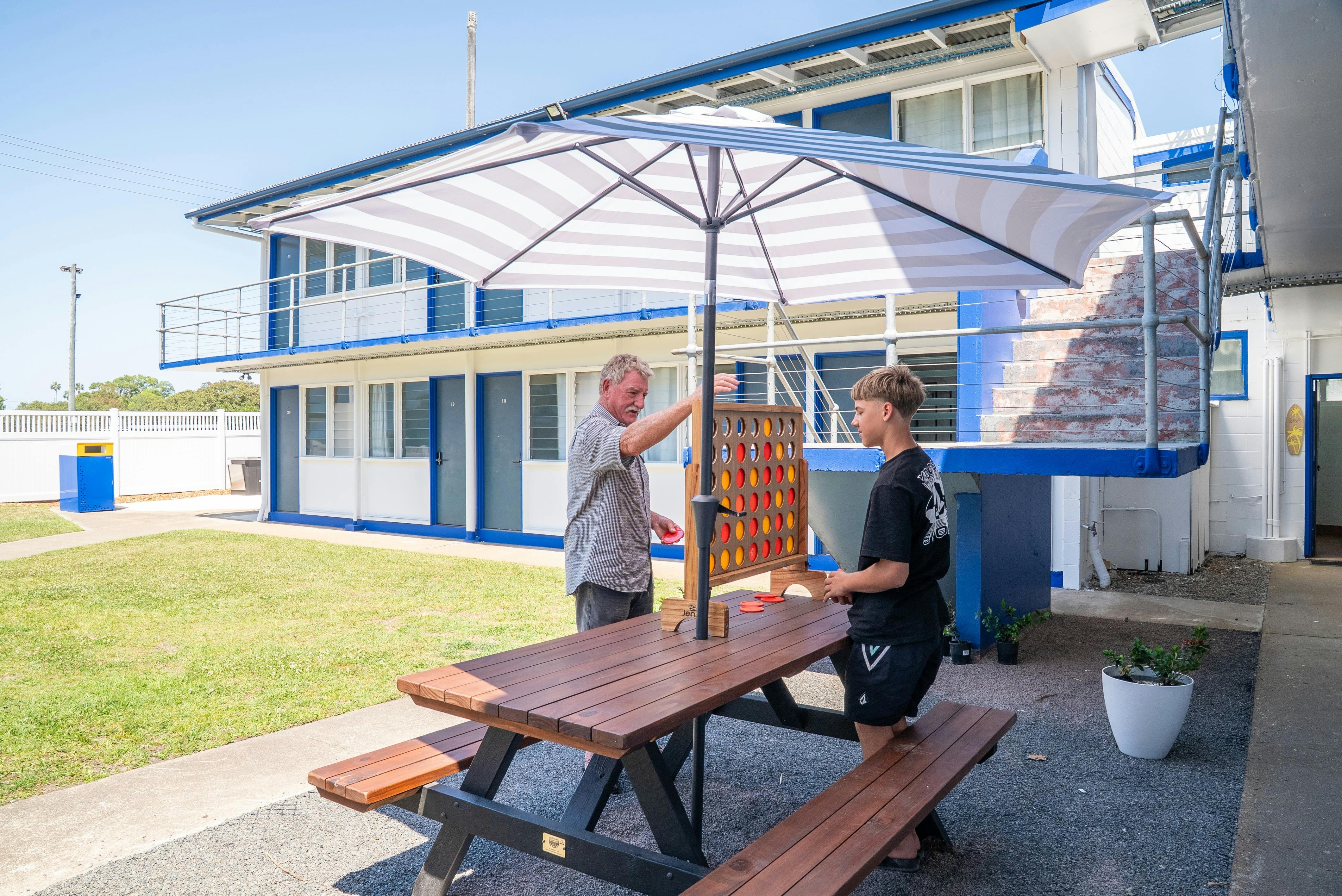 Enjoy the fresh air of our courtyard, relax under a shade sail, or play games with your friends