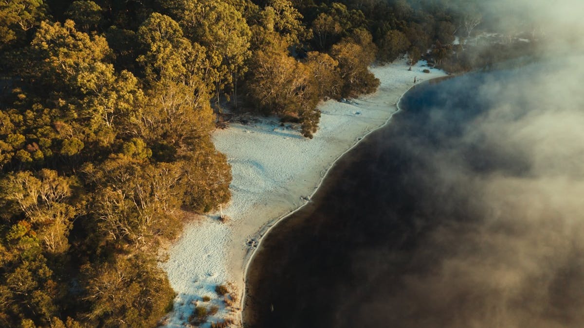 Brown Lake (Bummiera) Minjerribah, showing misty tea tree waters encircled by native melaleuca trees
