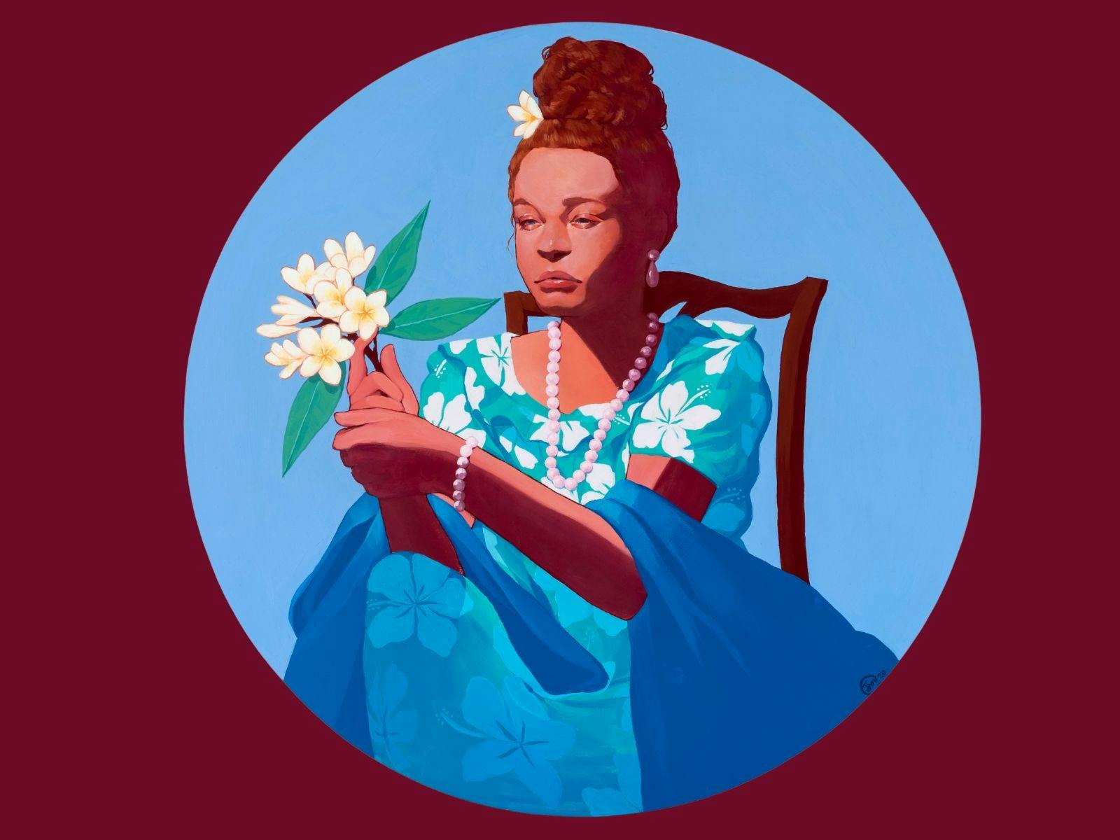 Portrait of a girl, on a chair, holding flowers.