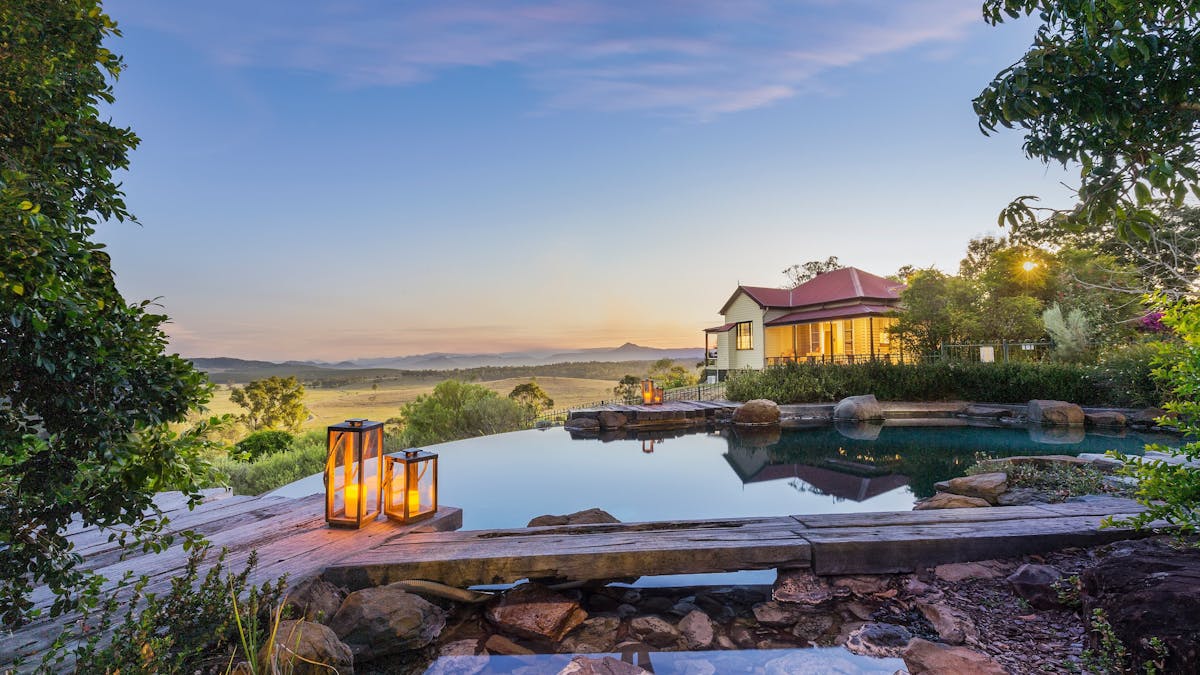 Pool at Spicers Hidden Vale with valley views and clear blue sky