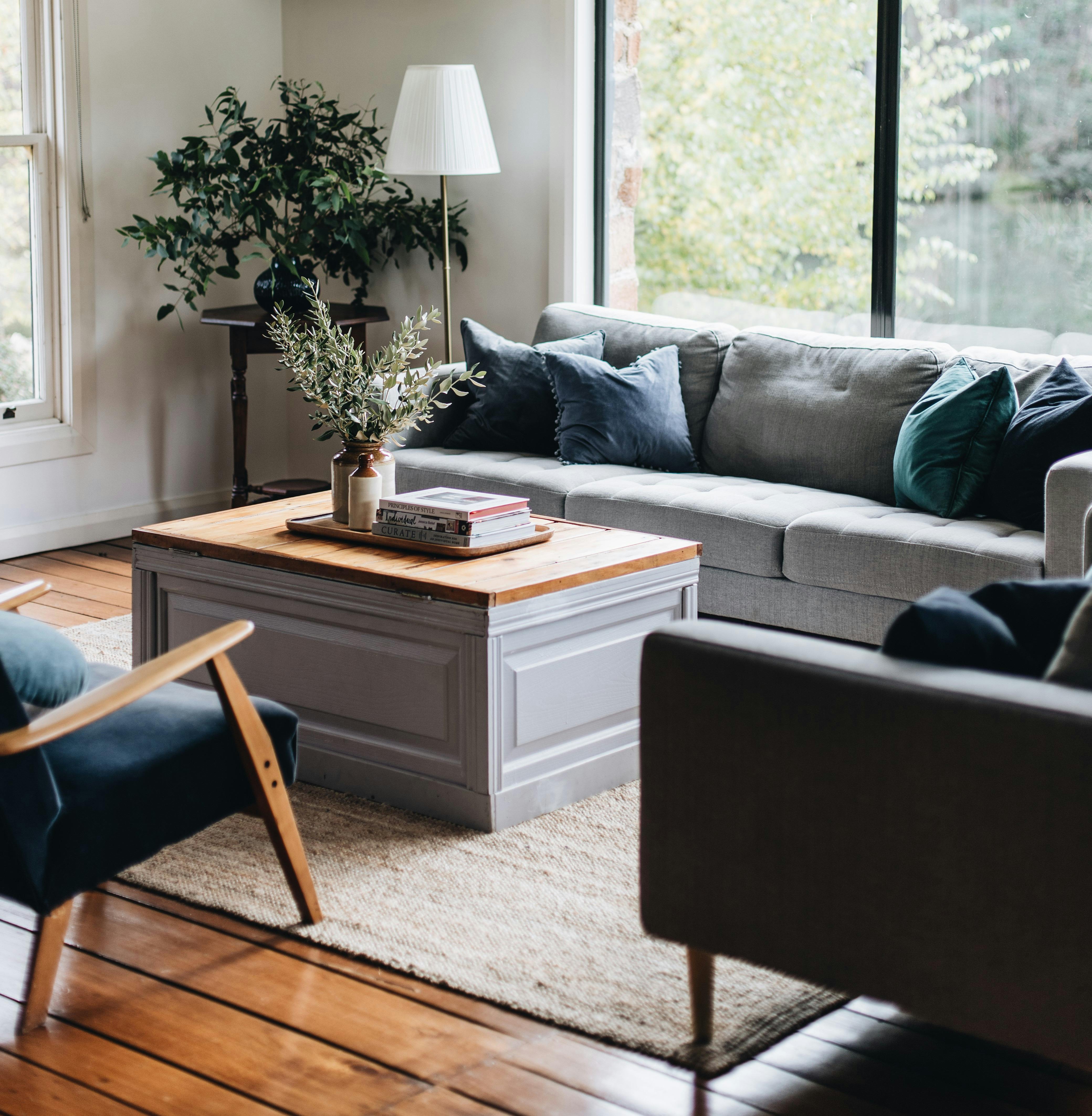 Living room with picture windows