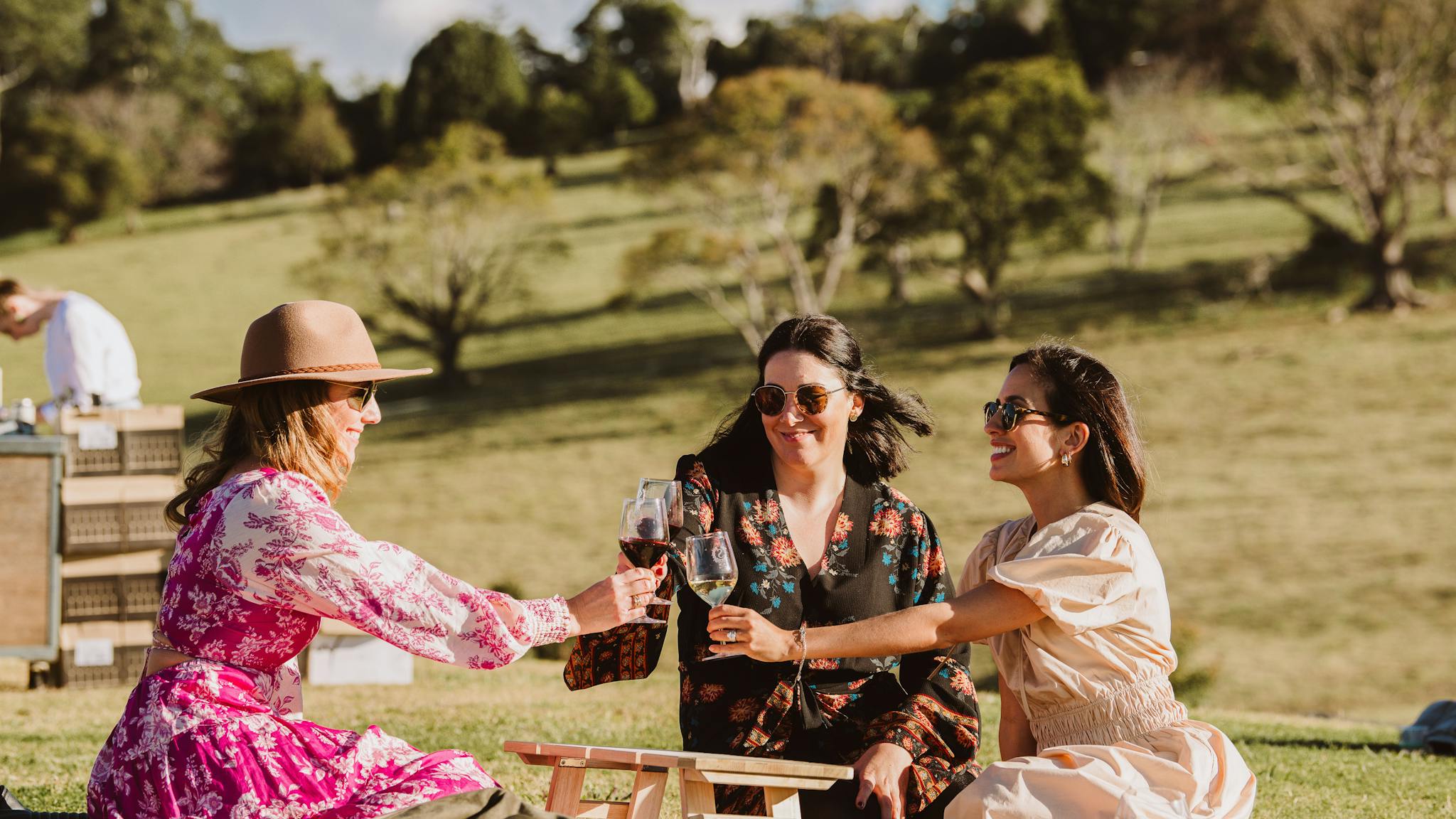 Three women enjoying a picnic, raising their glasses in a toast, with the stunning rolling hills of