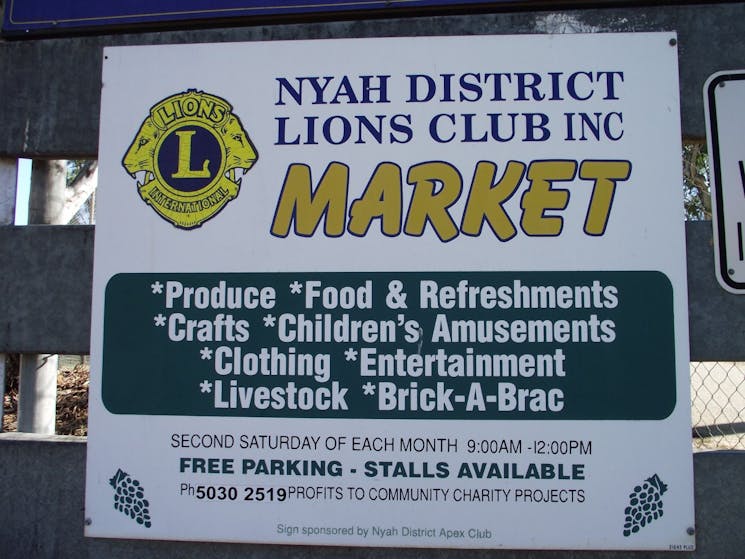 Nyah District Lions Club Market Sign