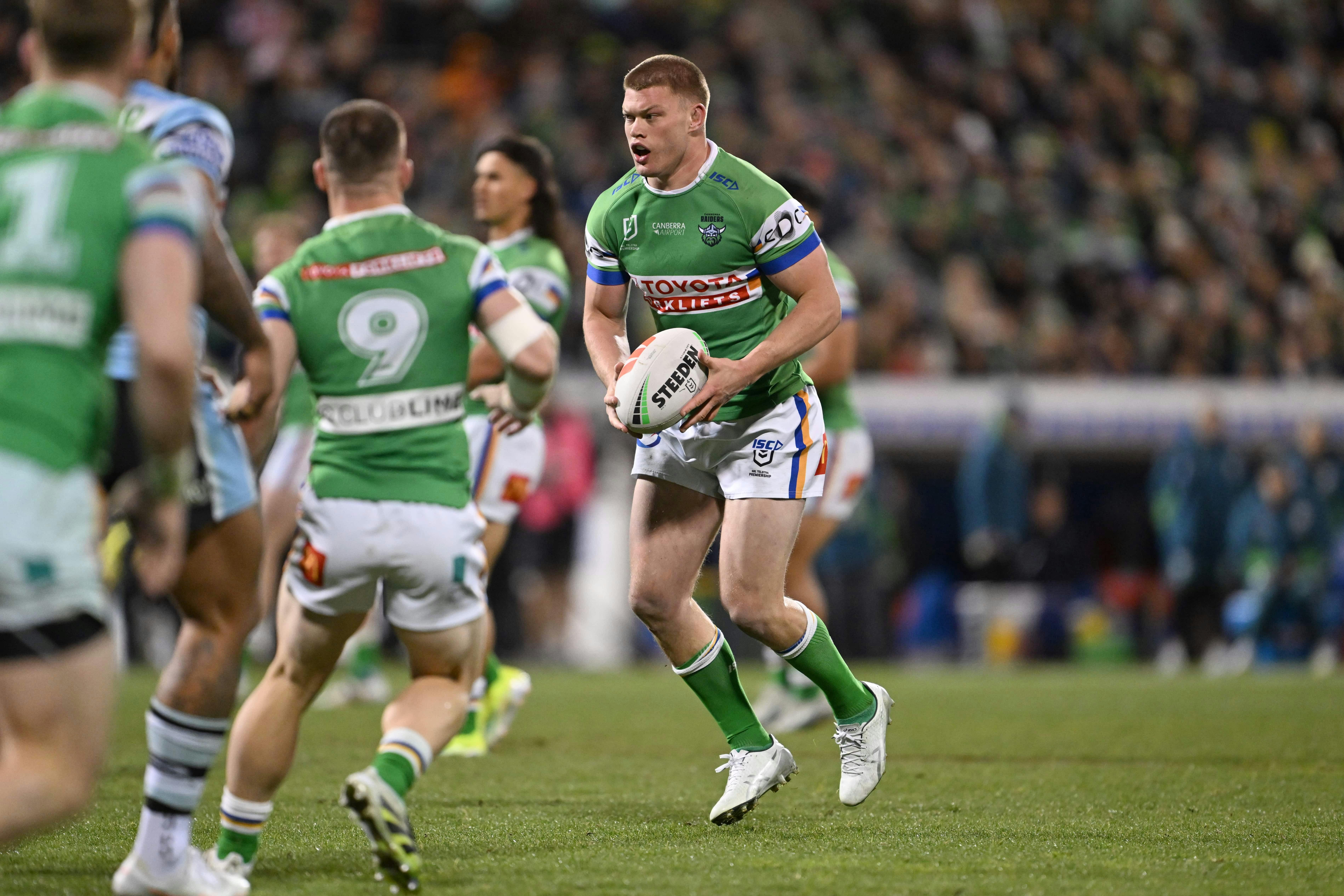 Canberra Raiders player Morgan Smithies running the ball.