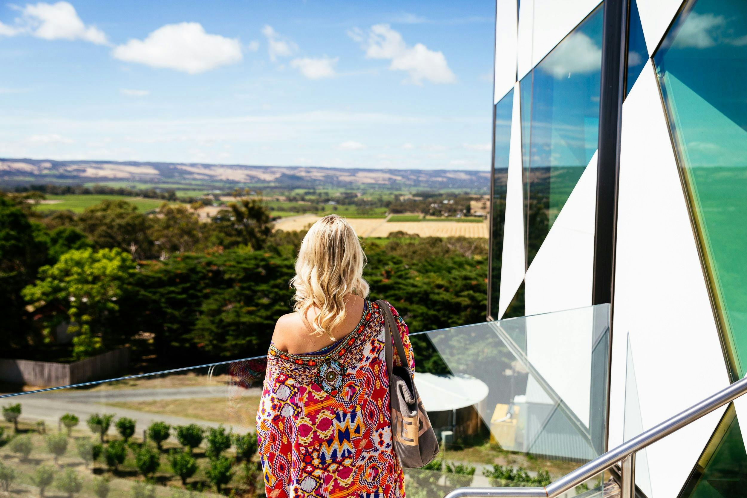 Lady with back to camera looking out over the vineyards