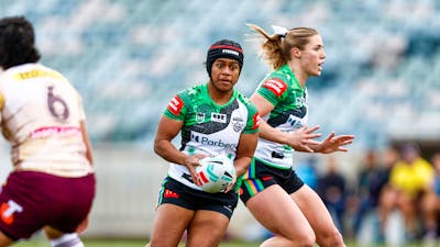 Canberra Raiders NRLW player Sereana Naitokatoka running the ball.