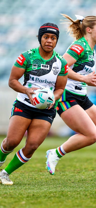Canberra Raiders NRLW player Sereana Naitokatoka running the ball.