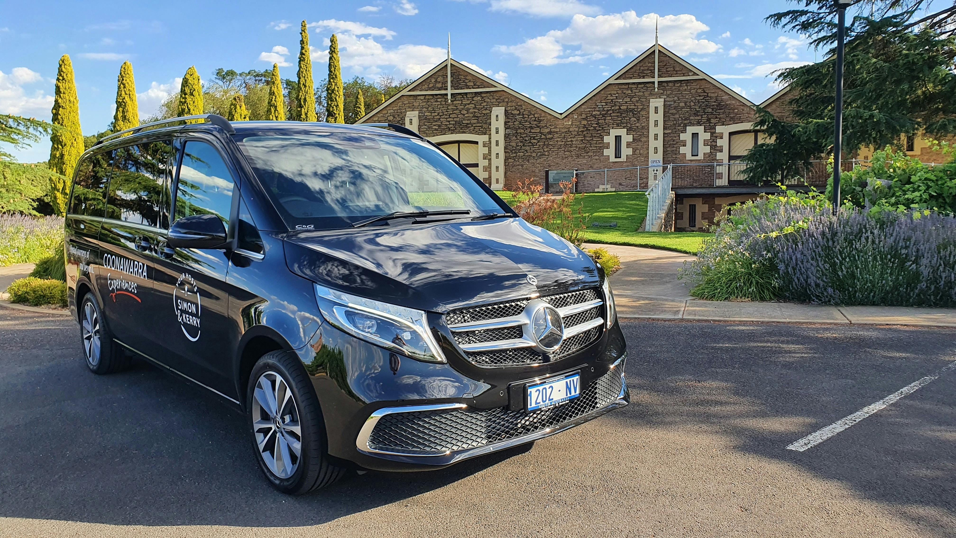 Coonawarra Experiences Mercedes Benz v250d for hire with driver outside Wynns Cooonawarra